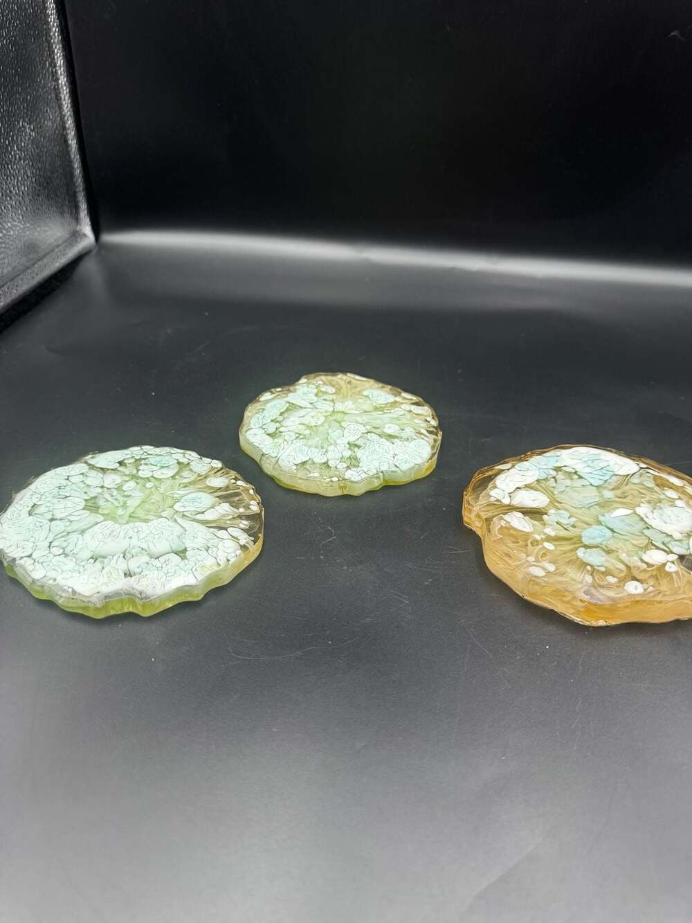 Set of 3 Handmade Resin Coasters with Green and White Alcohol Ink Petri Dish Des